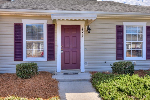 doorway to property featuring roof with shingles