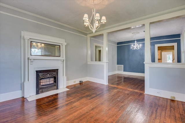 844 Heard Ave, Augusta, GA 30904 - unfurnished living room featuring a chandelier, hardwood / wood-style flooring, ornamental molding, and a fireplace with flush hearth