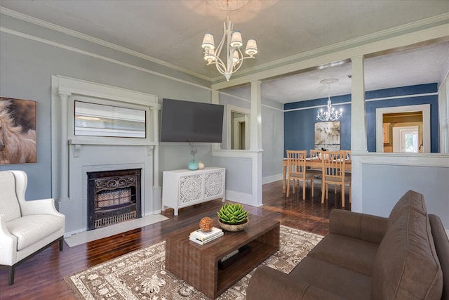 844 Heard Ave, Augusta, GA 30904 - living area featuring a chandelier, wood finished floors, crown molding, and a fireplace with flush hearth