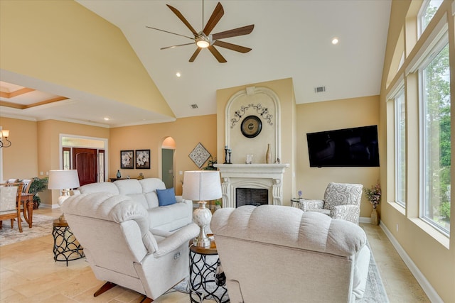 139 Laurens Dr, Mccormick, SC 29835 - living room with arched walkways, plenty of natural light, a ceiling fan, recessed lighting, and high vaulted ceiling