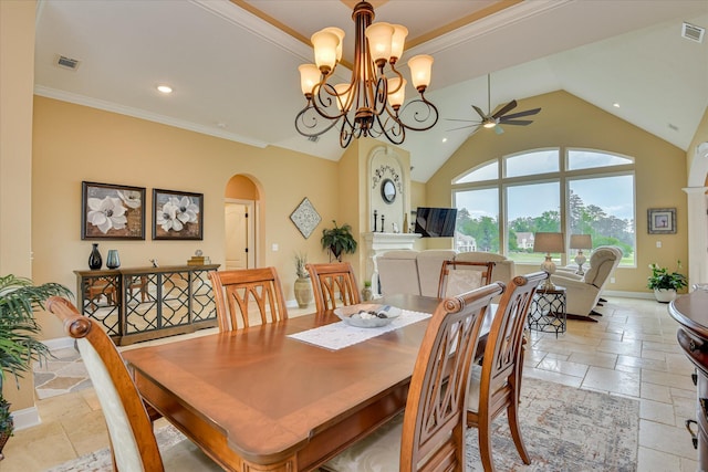 139 Laurens Dr, Mccormick, SC 29835 - dining room featuring stone tile flooring, arched walkways, a ceiling fan, recessed lighting, and a chandelier