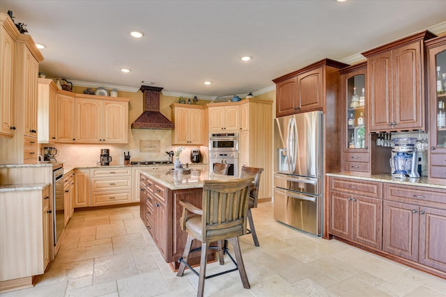 139 Laurens Dr, Mccormick, SC 29835 - kitchen featuring stainless steel appliances, custom exhaust hood, stone tile floors, recessed lighting, and a kitchen bar