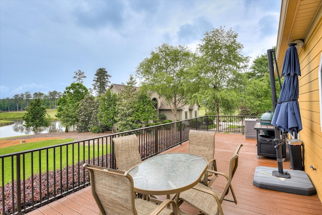 139 Laurens Dr, Mccormick, SC 29835 - wooden deck featuring a water view, outdoor dining space, a yard, and view of wooded area