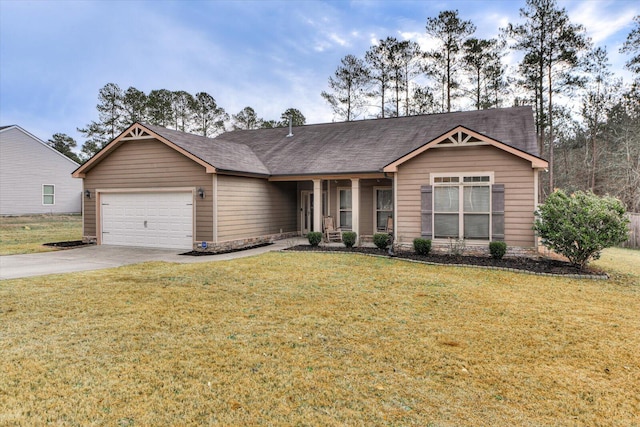 ranch-style house featuring a garage and a front yard