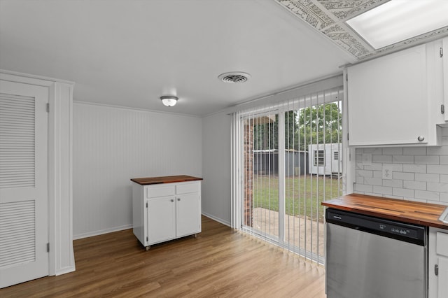 4004 Columbia Rd, Martinez, GA 30907 - kitchen with wooden counters, stainless steel dishwasher, white cabinets, tasteful backsplash, and light wood-style flooring
