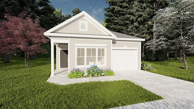 view of front of house featuring an attached garage, concrete driveway, and a front lawn