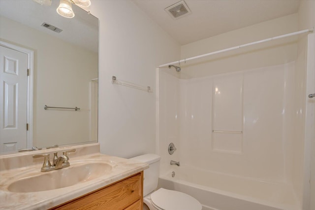 full bathroom with toilet, visible vents, tub / shower combination, and vanity