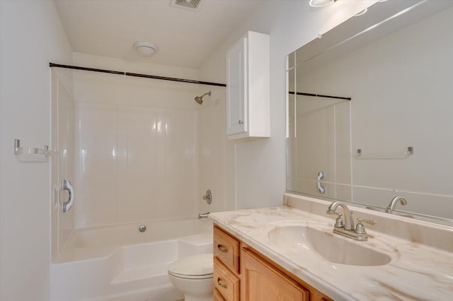 full bathroom featuring toilet,  shower combination, visible vents, and vanity