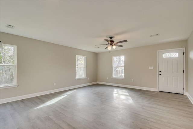 entryway featuring ceiling fan and light hardwood / wood-style flooring