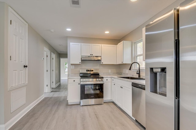 kitchen with white cabinets, sink, stainless steel appliances, and light hardwood / wood-style flooring