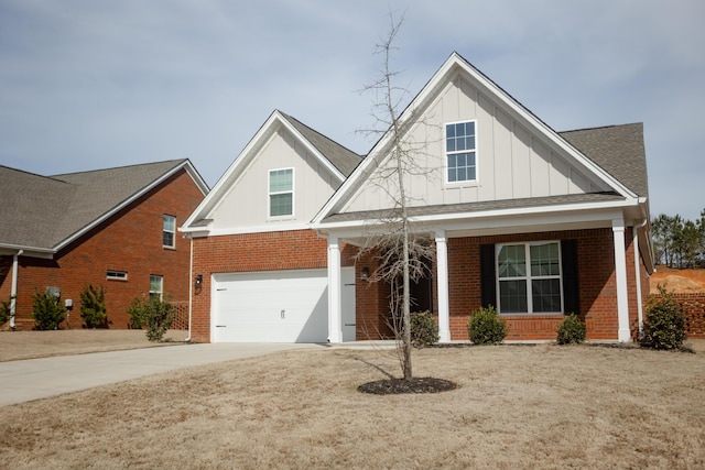 view of front facade featuring board and batten siding, a garage, concrete driveway, and brick siding