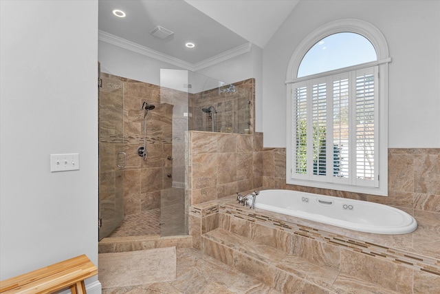 bathroom with crown molding, independent shower and bath, and vaulted ceiling