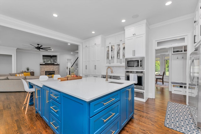 kitchen with stainless steel appliances, blue cabinets, white cabinetry, and sink