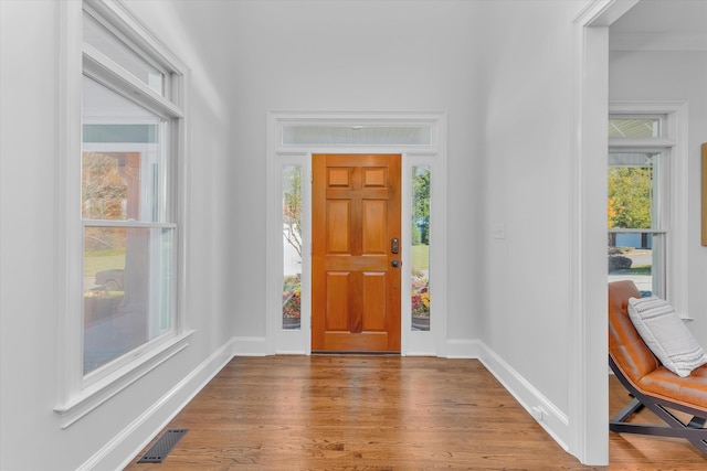 foyer entrance with wood-type flooring and ornamental molding