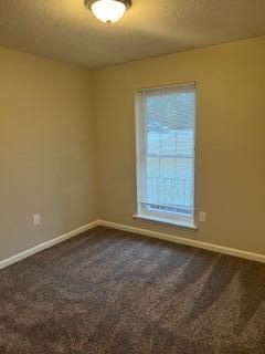 unfurnished room featuring dark colored carpet and a textured ceiling