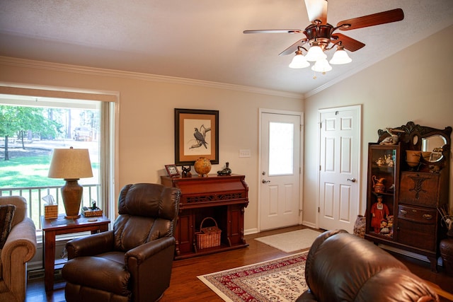 6287 Rousseau Creek Rd, Thomson, GA 30824 - living room with wood finished floors, a ceiling fan, crown molding, and lofted ceiling