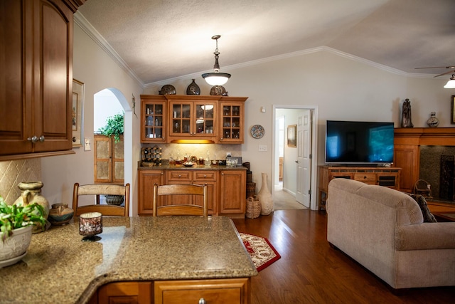 6287 Rousseau Creek Rd, Thomson, GA 30824 - kitchen featuring open floor plan, vaulted ceiling, a peninsula, brown cabinetry, and crown molding