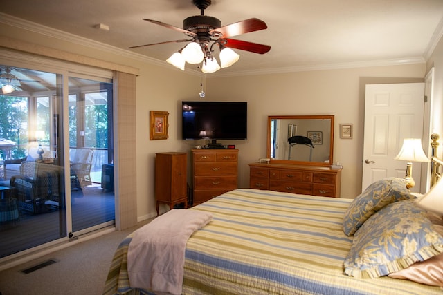 6287 Rousseau Creek Rd, Thomson, GA 30824 - bedroom featuring access to outside, carpet flooring, ornamental molding, and a ceiling fan