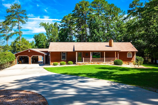 6287 Rousseau Creek Rd, Thomson, GA 30824 - ranch-style home featuring a porch, concrete driveway, a chimney, a front lawn, and a garage