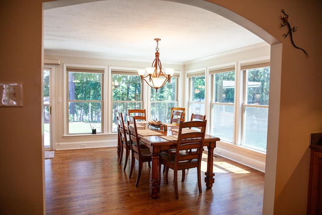 6287 Rousseau Creek Rd, Thomson, GA 30824 - dining space featuring arched walkways, crown molding, healthy amount of natural light, a chandelier, and dark wood-style floors