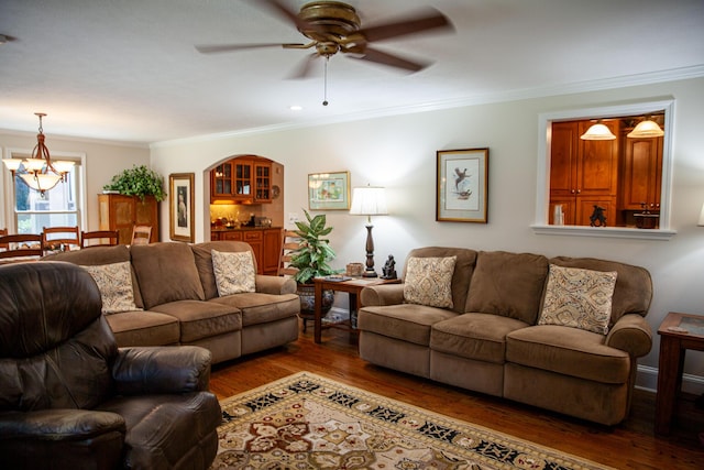 6287 Rousseau Creek Rd, Thomson, GA 30824 - living area featuring a ceiling fan, crown molding, hardwood / wood-style flooring, and a chandelier