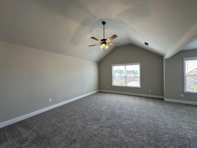 2417 Laurens St, Grovetown, GA 30813 - empty room featuring vaulted ceiling, carpet flooring, baseboards, and ceiling fan