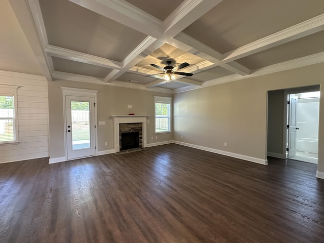 2417 Laurens St, Grovetown, GA 30813 - unfurnished living room with dark wood finished floors, baseboards, beam ceiling, a fireplace, and coffered ceiling