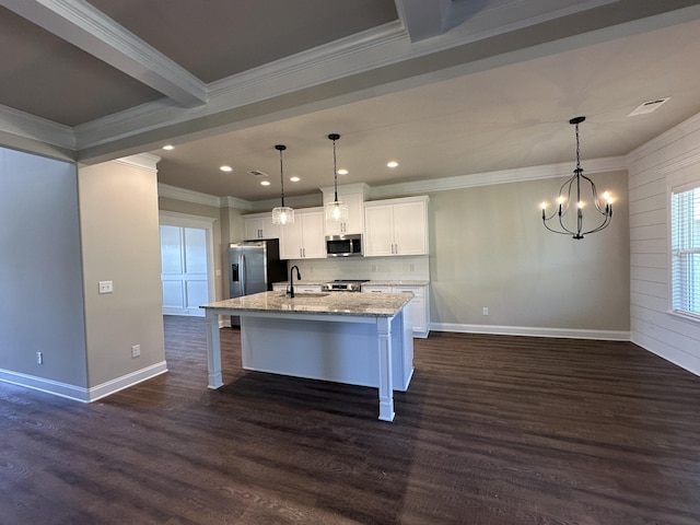 2417 Laurens St, Grovetown, GA 30813 - kitchen with appliances with stainless steel finishes, a sink, ornamental molding, a chandelier, and dark wood-style flooring