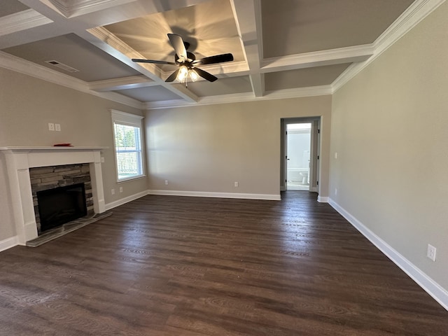2417 Laurens St, Grovetown, GA 30813 - unfurnished living room featuring coffered ceiling, baseboards, a ceiling fan, a fireplace, and beam ceiling