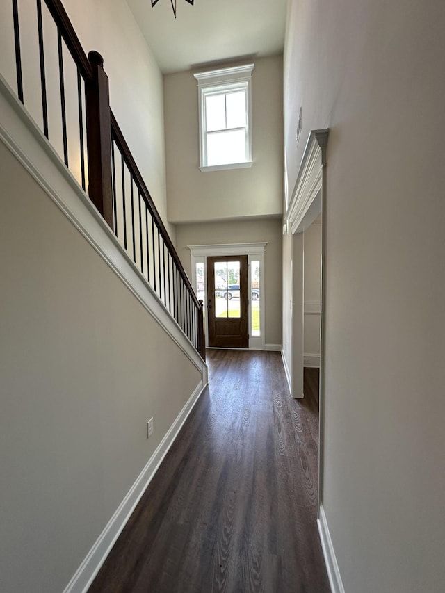 2417 Laurens St, Grovetown, GA 30813 - foyer entrance featuring dark wood finished floors, baseboards, stairs, and a high ceiling