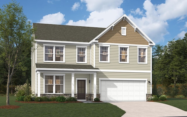 2027 Saylor Ln, Grovetown, GA 30813 - craftsman inspired home featuring concrete driveway, stone siding, a front yard, an attached garage, and a shingled roof