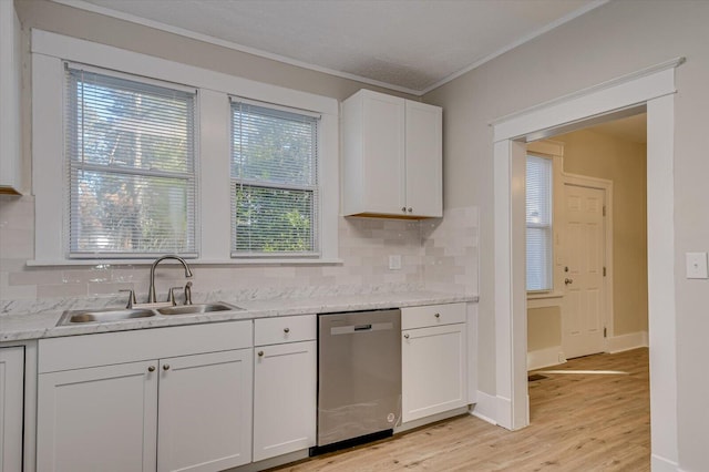 kitchen featuring sink, white cabinets, decorative backsplash, stainless steel dishwasher, and light hardwood / wood-style flooring