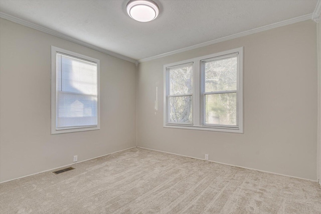 spare room featuring light carpet, ornamental molding, and a healthy amount of sunlight