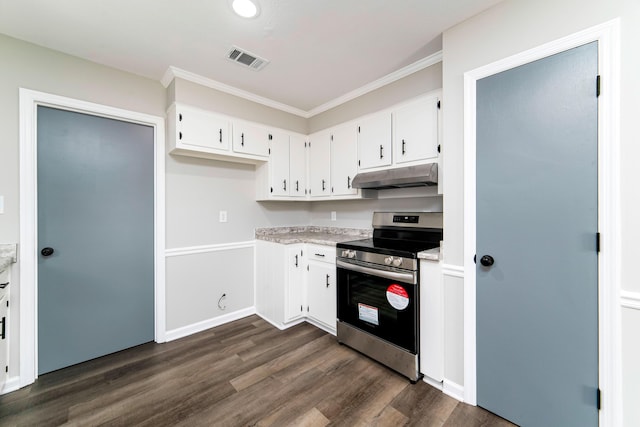 kitchen with electric stove, dark hardwood / wood-style flooring, white cabinets, and ornamental molding