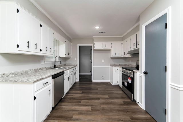 kitchen featuring appliances with stainless steel finishes, ornamental molding, dark wood-type flooring, sink, and white cabinetry