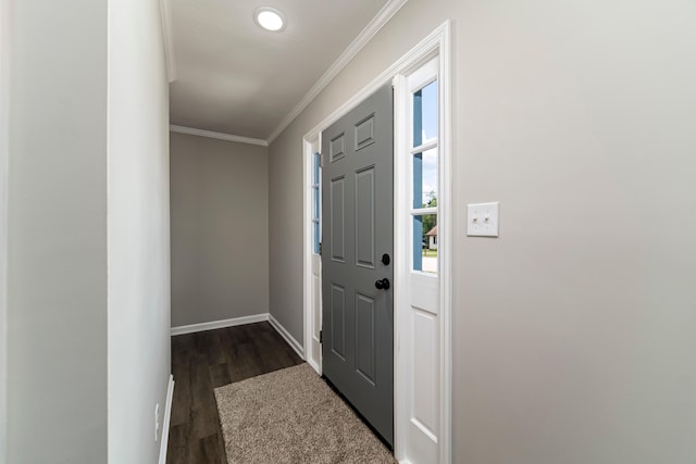 foyer featuring crown molding and dark wood-type flooring