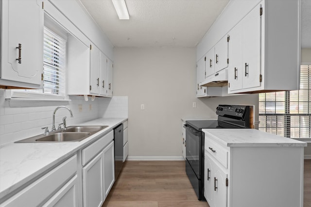 kitchen featuring stainless steel dishwasher, a wealth of natural light, light wood-style flooring, a sink, and black range with electric cooktop