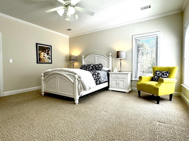 bedroom featuring carpet, ceiling fan, ornamental molding, and a textured ceiling