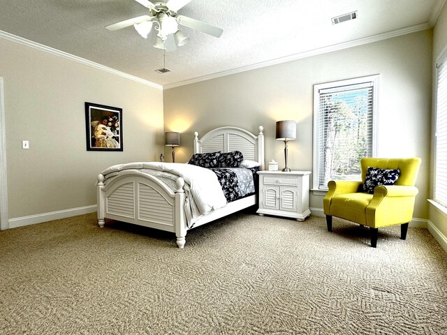 bedroom featuring carpet, ceiling fan, ornamental molding, and a textured ceiling