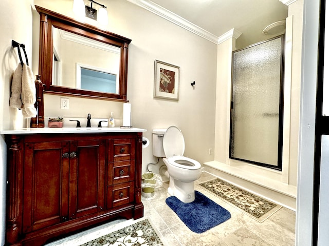 bathroom featuring tile patterned flooring, an enclosed shower, toilet, vanity, and ornamental molding