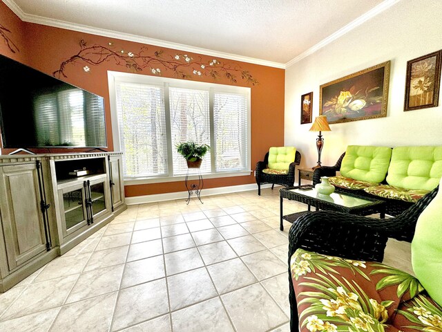 tiled living room featuring a textured ceiling and ornamental molding