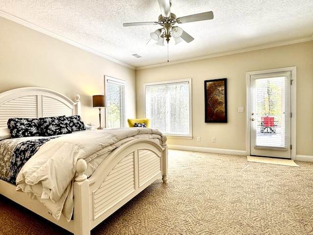 bedroom featuring carpet, crown molding, ceiling fan, access to exterior, and a textured ceiling