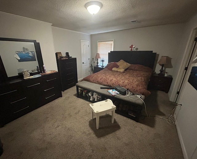 bedroom featuring light carpet, crown molding, and a textured ceiling