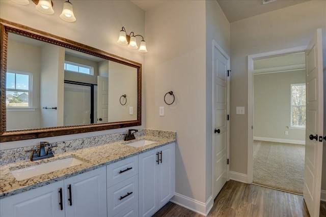 bathroom with vanity, wood-type flooring, and a shower with door