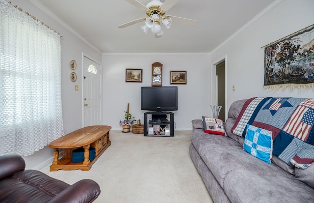 carpeted living area featuring a ceiling fan, baseboards, and ornamental molding