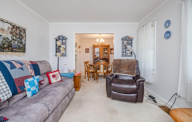 living room featuring baseboards, a chandelier, ornamental molding, and carpet