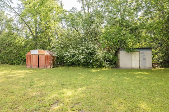 view of yard with a storage unit and an outbuilding