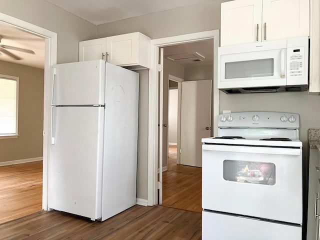 506 Weed St, Augusta, GA 30904 - kitchen featuring white appliances, dark wood-style floors, white cabinets, ceiling fan, and light countertops