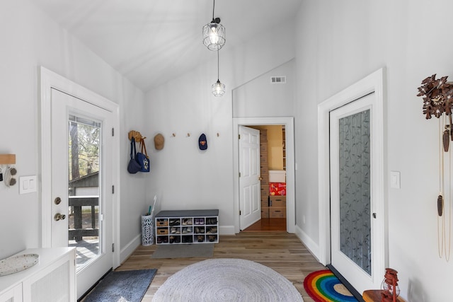 interior space featuring wood-type flooring and lofted ceiling