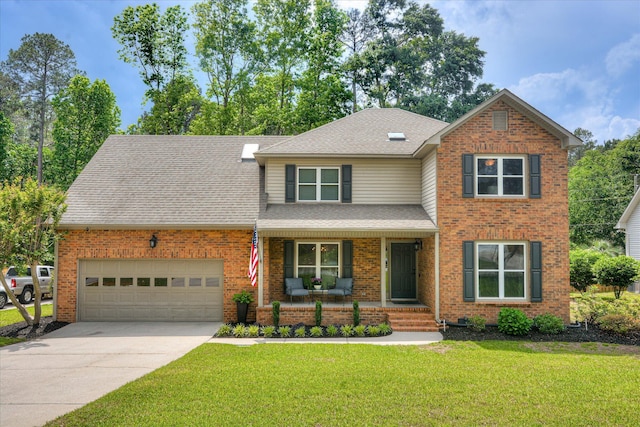 view of front of home featuring brick siding, concrete driveway, a porch, and an attached garage